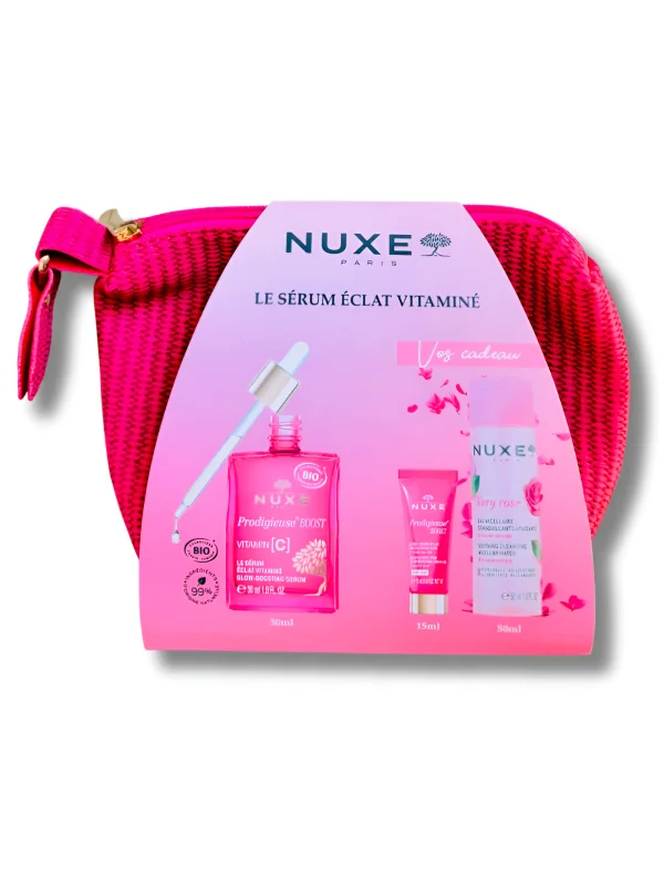 NUXE PRODIGIEUSE BOOST - SERUM VITAMINE C ECLAT 30ML + GEL CREME ECLAT 15ML, VERY ROSE EAU MICELLAIRE 50ML ET TROUSSE OFFERTS
